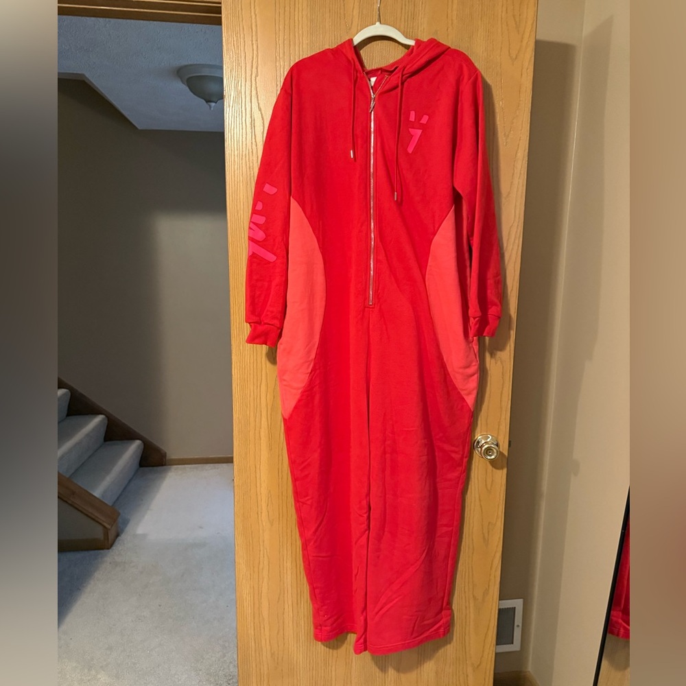 Red Hooded Yitty Major Label Onesie with Pink Accents